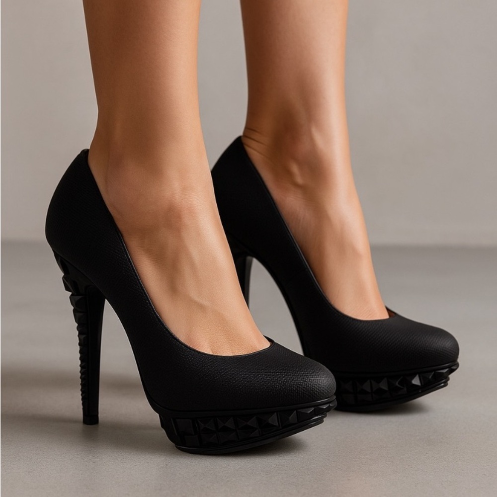 Rachel Roy Kalyssa Black Textured Sculpted Platform Stiletto Heel Goth Vampy 7.5